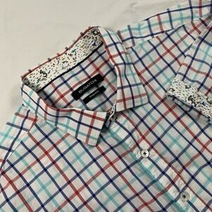 Bugatchi Men's White Plaid Fish Turn Cuff Shaped Fit Button‎ Up S/S Shirt Sz XXL